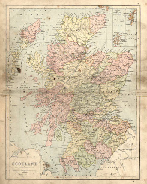 illustrazioni stock, clip art, cartoni animati e icone di tendenza di antica mappa danneggiata della scozia nel xix secolo - scotland