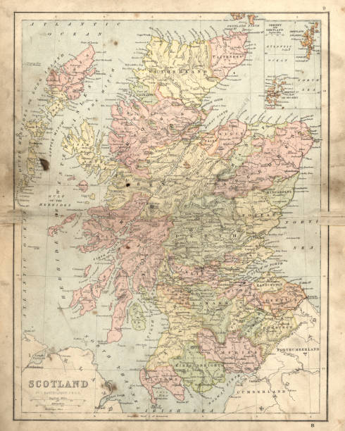 Antique damaged map of Scotland in the 19th Century vector art illustration