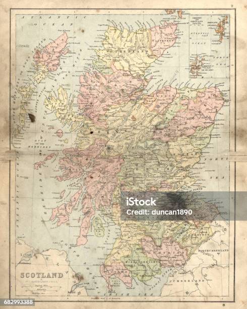 Antique Damaged Map Of Scotland In The 19th Century Stock Illustration - Download Image Now
