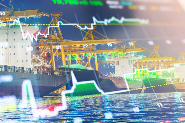 istock Crane cargo market and finance economic background 682993448