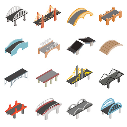 Bridge set icons in isometric 3d style isolated on white background