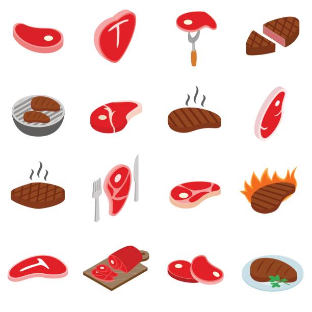 steak-symbole-set, isometrischen 3d stil - fleisch stock-grafiken, -clipart, -cartoons und -symbole