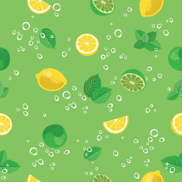 Mojito cocktail lime lemon mint and bubbles green seamless vector pattern backgr Mojito cocktail lime lemon mint and bubbles green seamless vector pattern background polypodiaceae stock illustrations