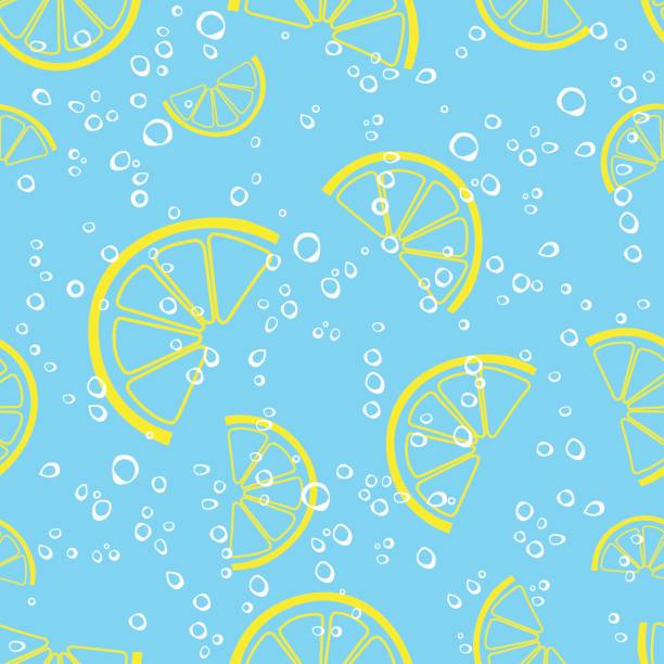 lemon slice and bubbles sparkling drink water seamless vector pattern lemon slice and bubbles sparkling drink water seamless vector pattern. Lemonade fizzy background. polypodiaceae stock illustrations