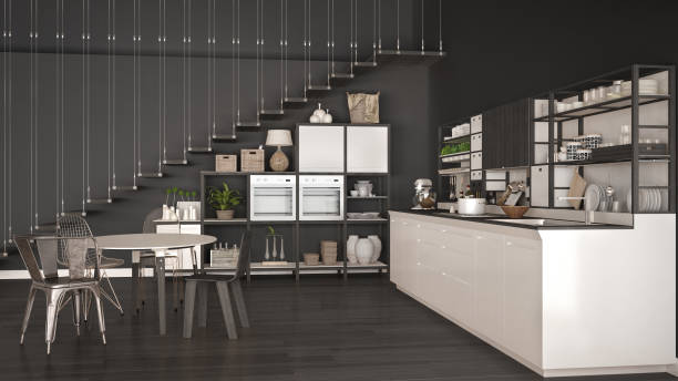 istock Minimalist white and gray wooden kitchen, loft with stairs, classic scandinavian interior design 683024296