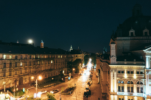 Boulevard in city at night. View from above