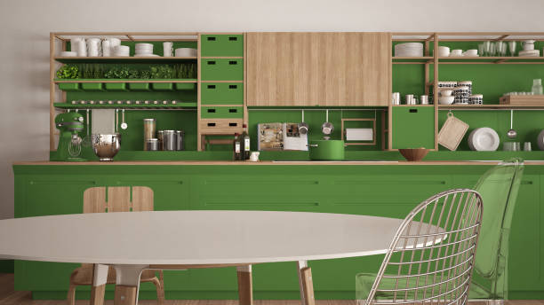 istock Minimalist white and green wooden kitchen close-up, scandinavian classic interior design 683025308