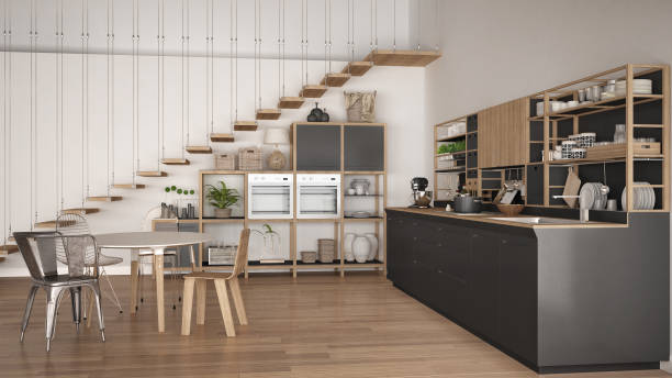 istock Minimalist white and gray wooden kitchen, loft with stairs, classic scandinavian interior design 683027642
