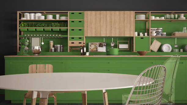 istock Minimalist white and green wooden kitchen close-up, scandinavian classic interior design 683027978