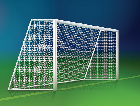 Soccer goal post with net, side view
