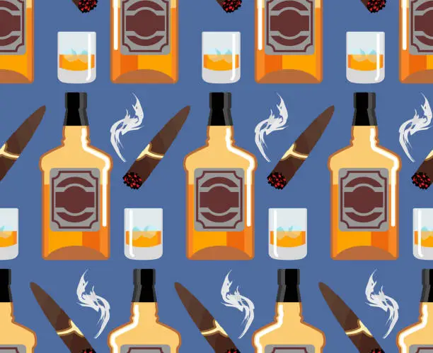 Vector illustration of Whiskey with ice seamless pattern. Gentleman background. Bottle of scotch texture. Cigar smoke ornament. bar backdrop
