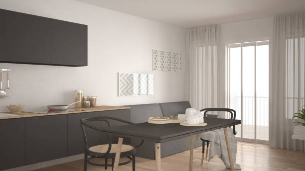 istock Scandinavian kitchen with sofa and table, wooden parquet floor, white and gray minimalist interior design 683038940