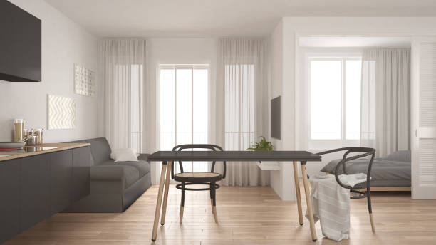 istock Modern minimal kitchen and living room with bedroom in the background, small apartment, white and gray interior design 683044686
