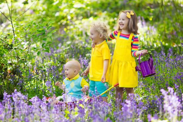 istock Kids in bluebell flower forest in summer 683046406
