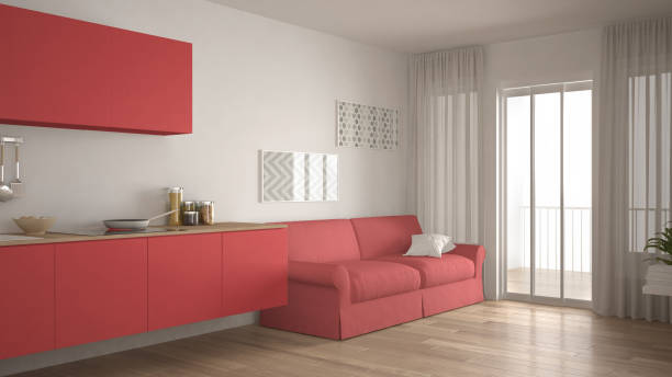 istock Scandinavian kitchen with sofa, wooden parquet floor, white and red minimalist interior design 683048032