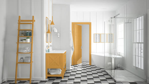 istock Scandinavian minimalist white, gray and orange bathroom, shower, bathtub and decors, classic vintage interior design 683048146