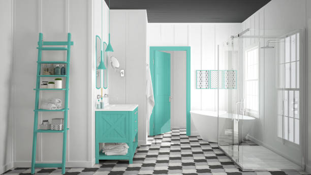istock Scandinavian minimalist white, gray and turquoise bathroom, shower, bathtub and decors, classic vintage interior design 683048388