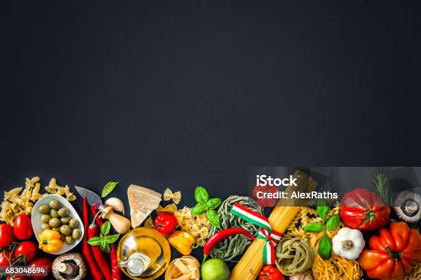 Italian Food Ingredients On Slate Background Stock Photo - Download Image Now - Italian Food, Border - Frame, Elegance