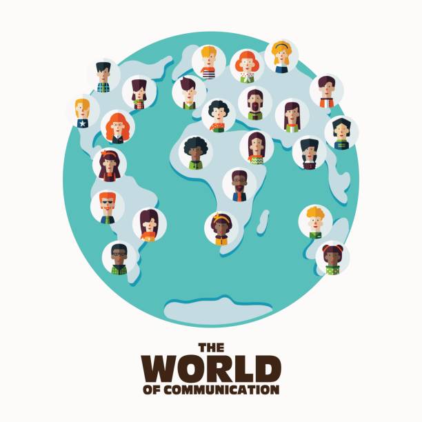 illustrazioni stock, clip art, cartoni animati e icone di tendenza di uomini e donne affrontano avatar sulla mappa del mondo. concetto di comunicazione - teenager globe women world map