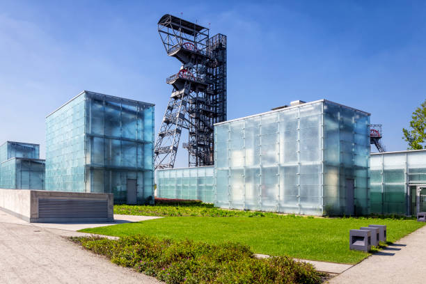 Katowice, Poland - August 31, 2016: The modern buildings of Silesian Museum accompanied by a shaft of the former coal mine 'Katowice', now adapted as an observation tower