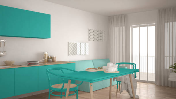 istock Scandinavian kitchen with sofa and table, wooden parquet floor, white and turquoise minimalist interior design 683057834