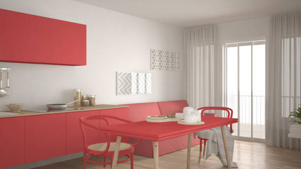 istock Scandinavian kitchen with sofa and table, wooden parquet floor, white and red minimalist interior design 683060284