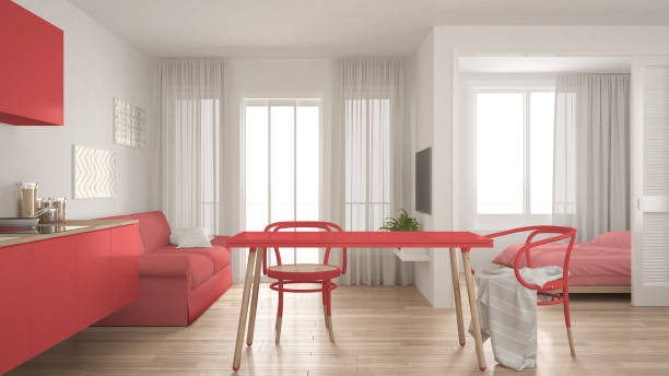 istock Modern minimal kitchen and living room with bedroom in the background, small apartment, white and red interior design 683060988