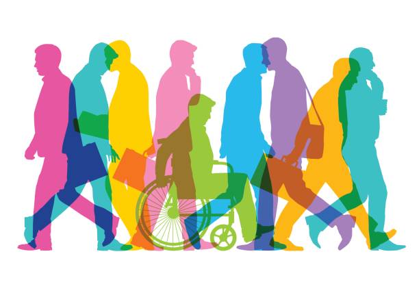 Business Men Colourful overlapping silhouettes of business people with wheelchair user. Fully re-positionable elements equity vs equality stock illustrations