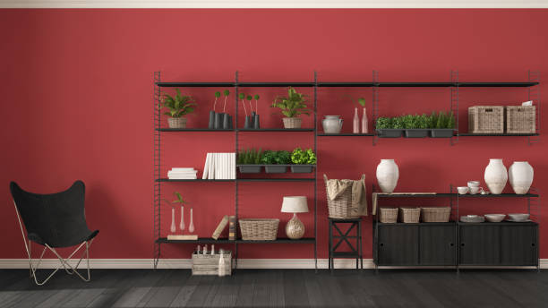 istock Eco red interior design with wooden bookshelf, diy vertical garden storage shelving, living, lounge relax area with armchair 683064246