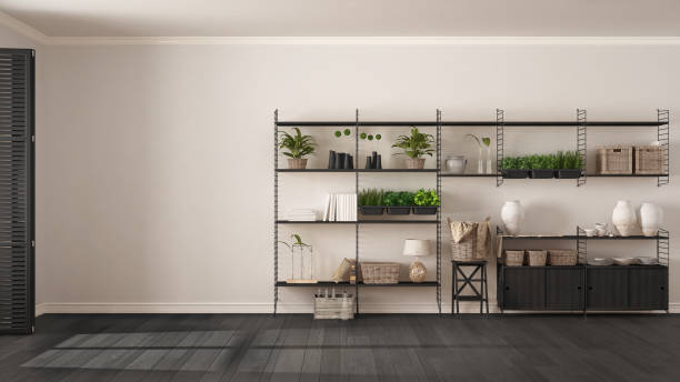 istock Eco white and gray interior design with wooden bookshelf, diy vertical garden storage shelving, living room background 683064474