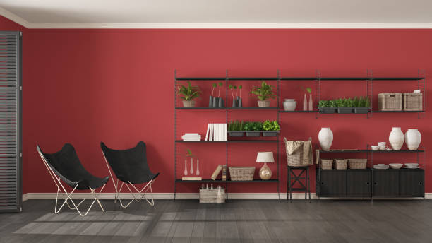 istock Eco gray and red interior design with wooden bookshelf, diy vertical garden storage shelving, living, lounge relax area with armchairs 683074292
