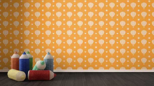 istock Kids minimalist colorful background with stuffed colored pencils on parquet flooring, child room nursery, orange and white wallpaper, interior design 683077192