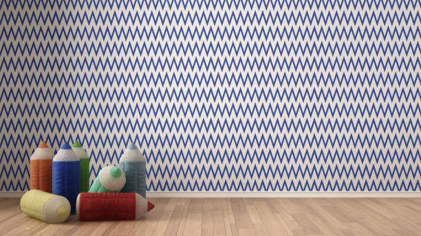 istock Kids minimalist colorful background with stuffed colored pencils on parquet flooring, child room nursery, blue and white wallpaper, interior design 683077854