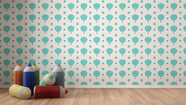 Kids minimalist colorful background with stuffed colored pencils on parquet flooring, child room nursery, turquoise and white wallpaper, interior design