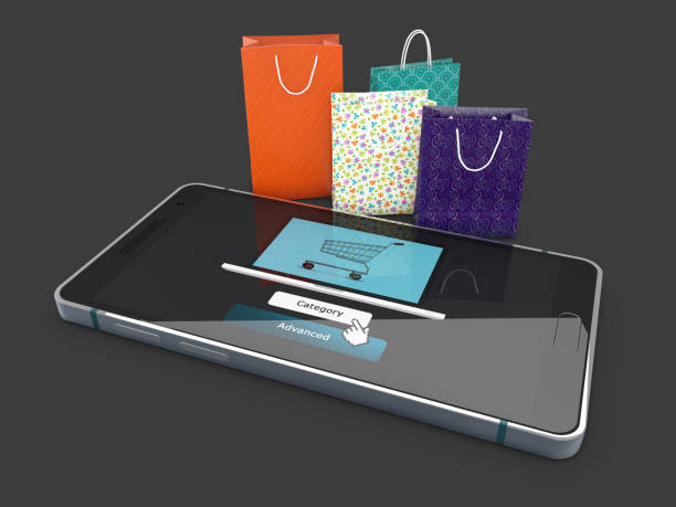 istock phone and bags. e-commerce concept, 3d Illustration isolated black 683087282