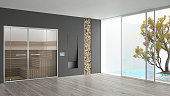 Spa hotel room with sauna and fireplace,swimming pool and garden, minimalist white and gray interior design