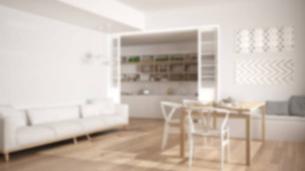 istock Blur background interior design, minimalist kitchen and living room with sofa, table and chairs 683091116