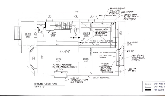Architectural blueprint showing proposed house first floor renovation. Use of the word gypsum is as a material.