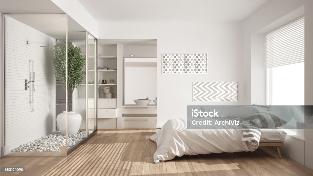 Minimalist bedroom and bathroom with shower and walk-in closet, classic scandinavian interior design Bedroom Stock Photo