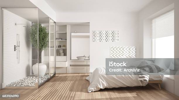 Minimalist Bedroom And Bathroom With Shower And Walkin Closet Classic Scandinavian Interior Design Stock Photo - Download Image Now