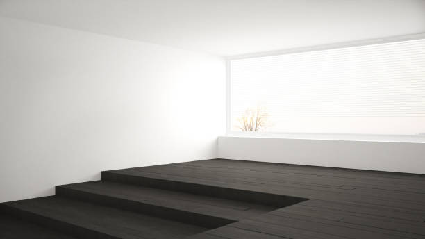 istock Empty room with big panoramic window and stairs, dark parquet floor, minimalist scandinavian interior design 683104522