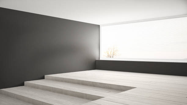 istock Empty room with big panoramic window and stairs, gray walls, minimalist scandinavian interior design 683104784