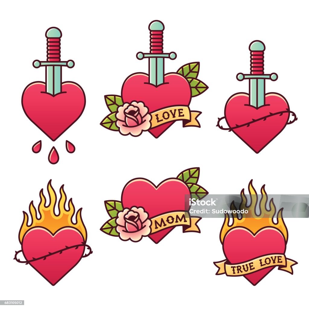 Traditional tattoos set Traditional tattoo set. Classic American oldschool heart tattoos with daggers, roses, ribbons and fire, thorn crowns and drops of blood. Scrolls with text: Mom, Love, True love. Tattoo stock vector