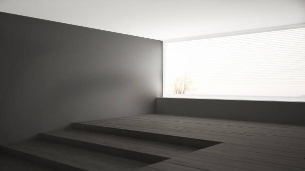 istock Empty room with big panoramic window and stairs, minimalist gray scandinavian interior design 683105080
