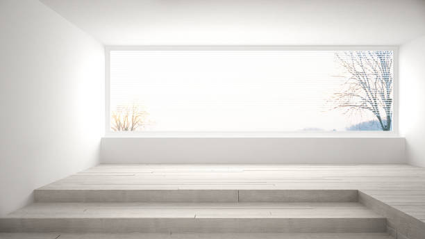 istock Empty room with big panoramic window and stairs, minimalist white scandinavian interior design 683105148