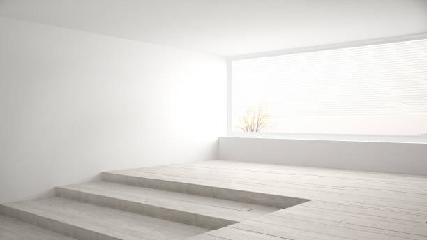 Empty room with big panoramic window and stairs, minimalist white scandinavian interior design