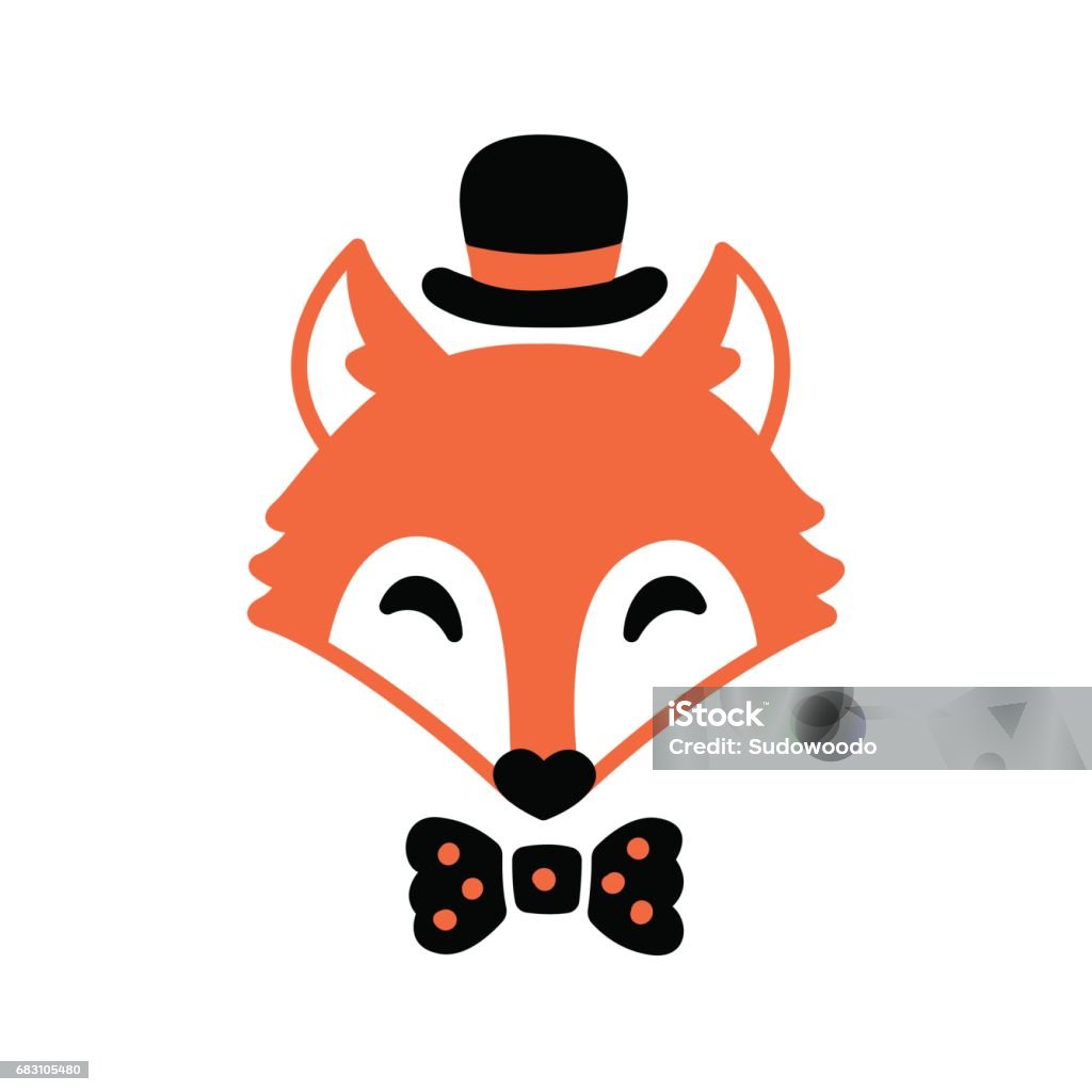 Cute hipster fox Cute hipster fox with hat and bow tie. Simple cartoon vector illustration. Fox stock vector