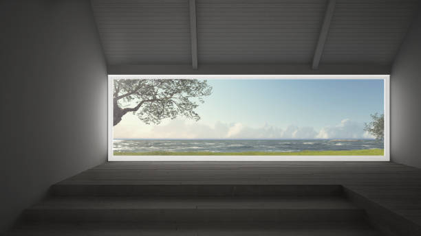istock Big panoramic window with grass garden, olives trees and rough seas, empty room interior design 683106126