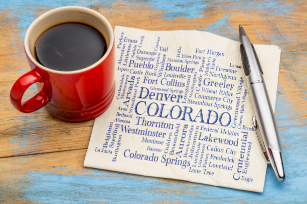 major cities of Colorado word cloud on napkin major cities of Colorado (with population more than 5000) word cloud - handwriting on a napkin with a cup of coffee arcada stock pictures, royalty-free photos & images