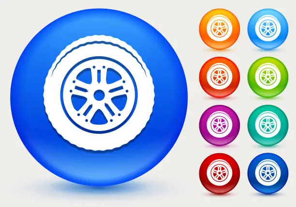 Vector illustration of Car Tire Icon on Shiny Color Circle Buttons